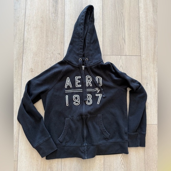 Y2K Aeropostale Aero 1987 NYC Full-Zip Black Drawstring Hoodie Women Medium EUC - Picture 5 of 13